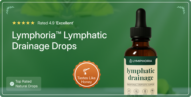 Lymphatic Drainage Drops bottle with green background and product details.