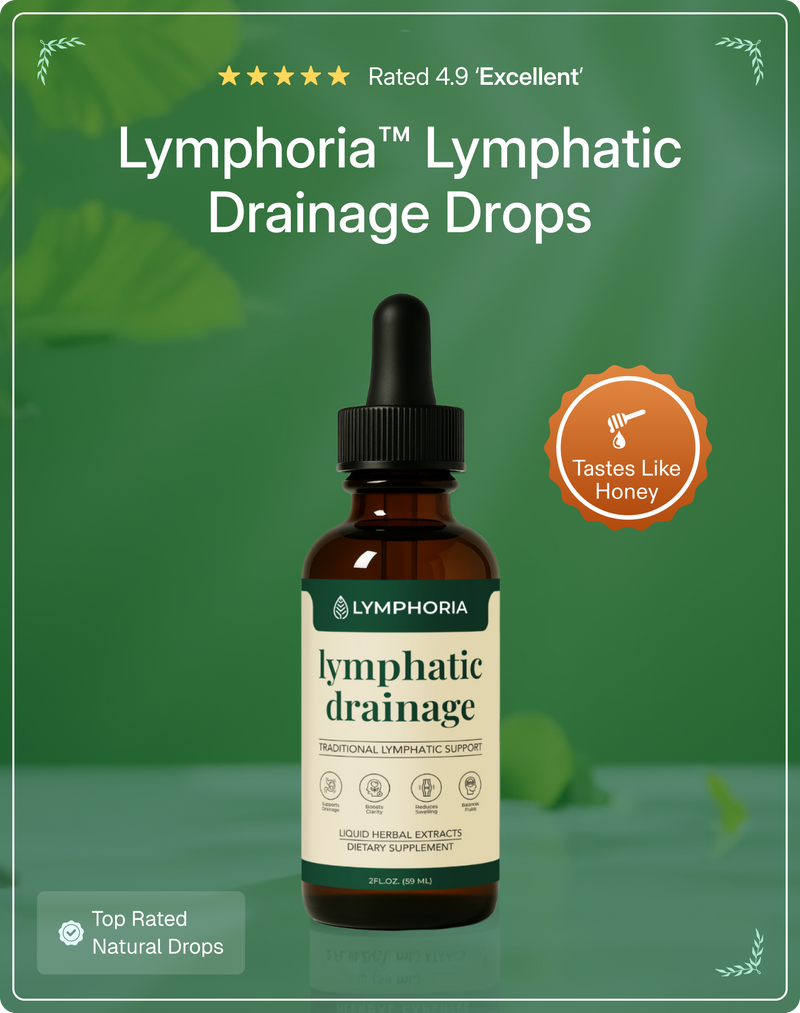 Lymphoria Lymphatic Drainage Drops bottle with dropper on a green background