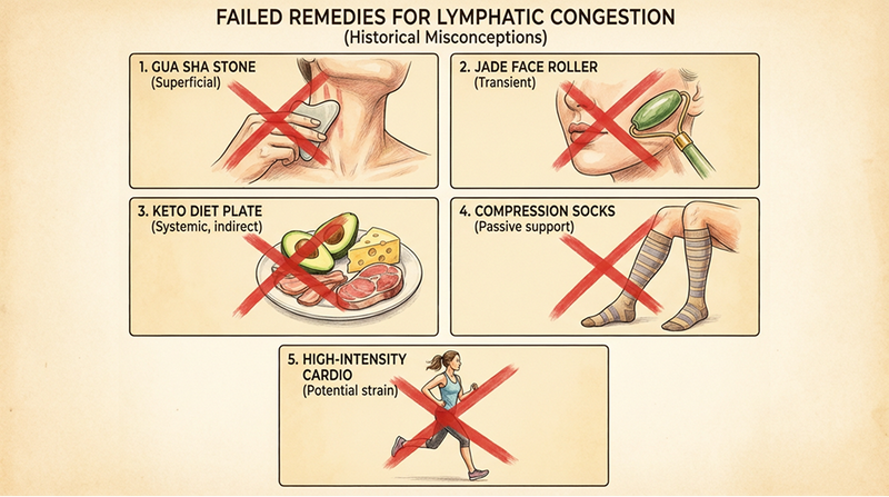 Diagram showing failed remedies for lymphatic congestion with illustrations and text.