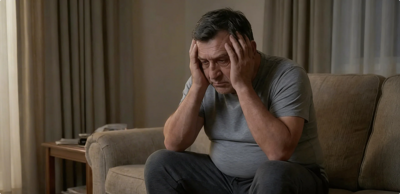 Man sitting on a couch with his head in his hands, appearing stressed or sad.